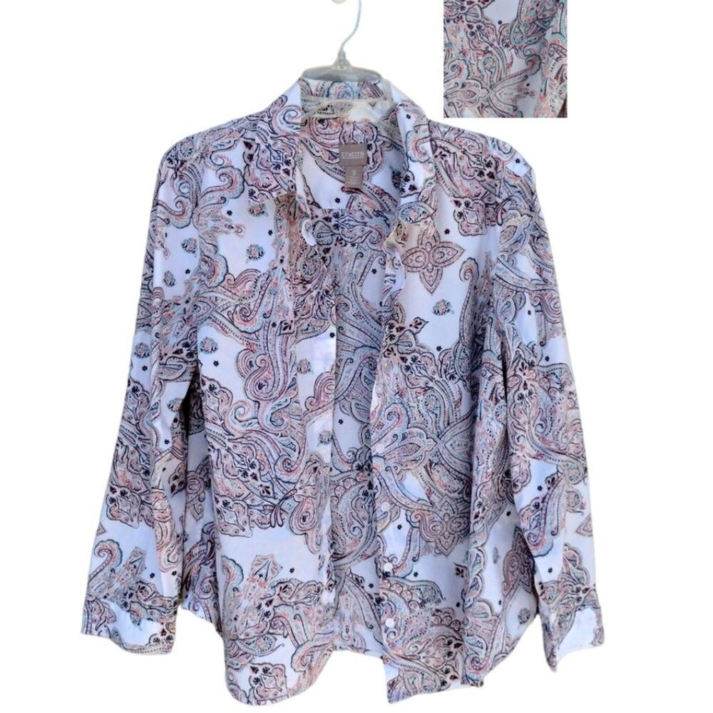 Chico's Paisley Cotton Blend Button Down Long Sleeves Shirt/Blouse/Top White XL